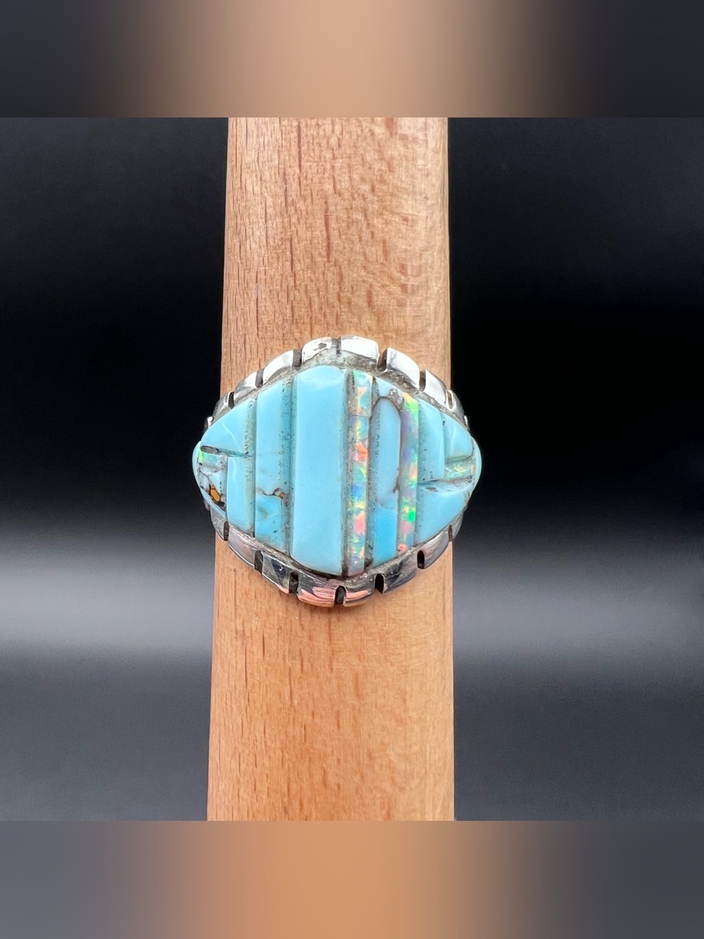 Sterling Silver Turquoise & Opal Channel Inlay Ring